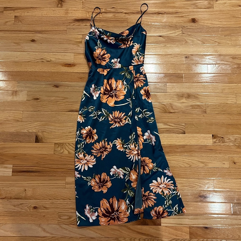 Shein MIDI Cowl Neck Teal Dress Semi Formal Floral Wedding Guest Bridesmaid S